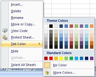 Coloring the Worksheet Tab Right click on the tab of the sheet. Note * When the tab is selected, the color shows at the bottom.