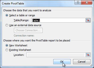The Create PivotTable dialog box will appear.
