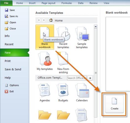 Create Excel To create a new, blank workbook Click the File tab. This takes you to Backstage view.