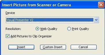 Click [Insert / Image / From Scanner or Camera] in the Microsoft Word