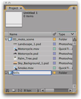 EXERCISE 6 Creating Folders By creating folders and organizing project assets in the Project panel, you can access footage in a way that makes the most sense to you.
