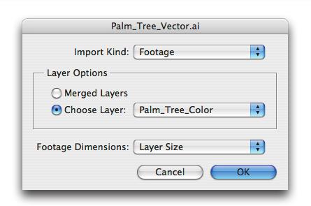 4 In the import prompt box, click OK to accept the Merged Layers option and the Footage Dimensions setting of Layer Size.