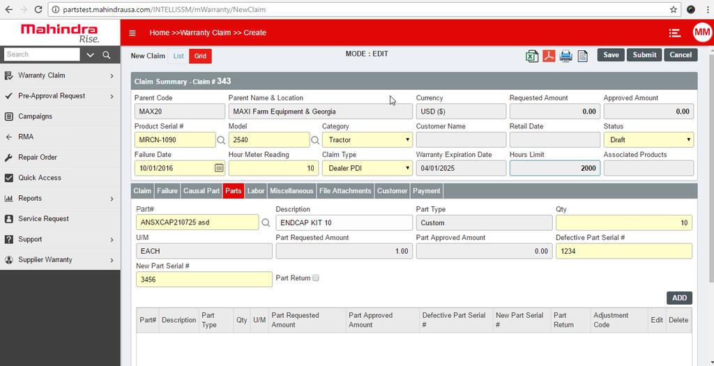 4. Part- Below fields are required to be filled in Part Tab- SR# Field Type Description 1 Part# User needs to enter Part# which has defect needs to enter Yes 2 Description Pre-filled Description of