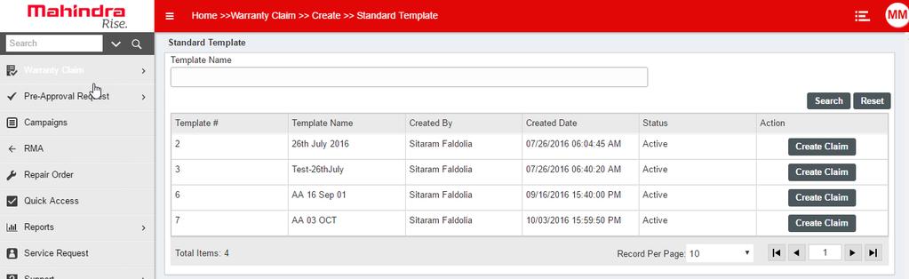 Step 2 Below screen opens. User can search any template or he can create claim by using Create Claim button.