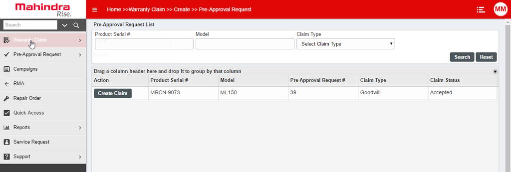 Step 2 User will be routed to below page. He can search Pre Approval Request submitted and approved earlier through search functionality.