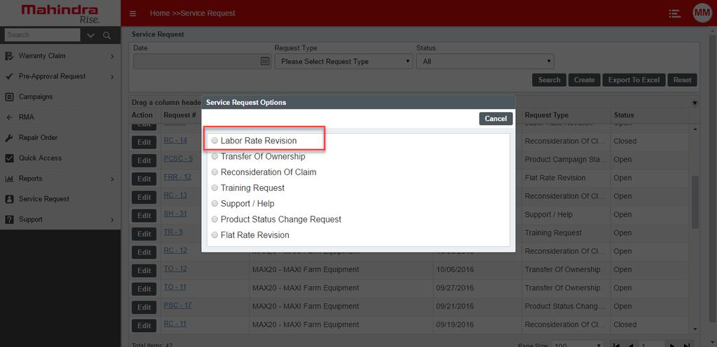 Dealer can search service request submitted earlier and on listing can export to excel as well. He can create new Service request by clicking on Create.
