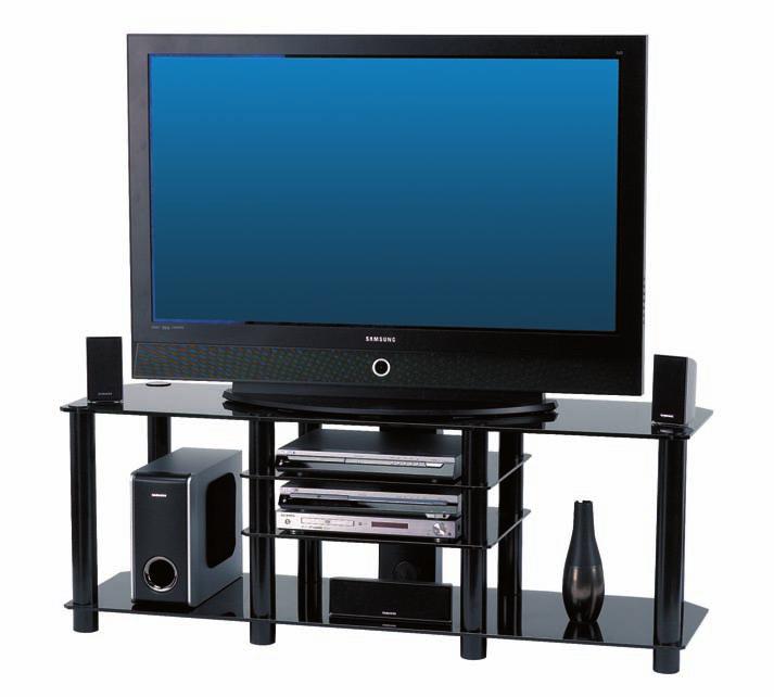 2 stylish finishes: Black gloss with black glass Silver with clear glass Accommodates large flat screen TVs and multiple components 2 storage drawers 3 component areas: (top) 440W x 160H; 2 component