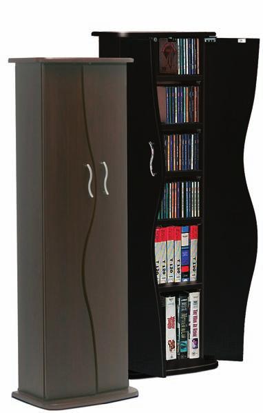 Black or chocolate finish Adjustable curved shelves Holds 95 DVDs,168 CDs, or 50 VHS casettes Overall size: 375W x 195D x 1136H Audio Tower 720 Model No.