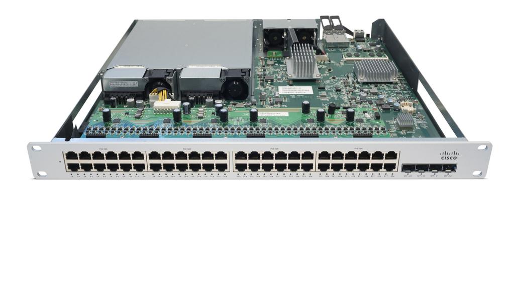 Inside the Meraki MS MERAKI MS350-48FP SHOWN, VARIES BY MODEL Energy Efficient Dual Power Supplies with Variable Speed Fans Stacking connectors High Reliability / MTBF Extended Life Components 48 1