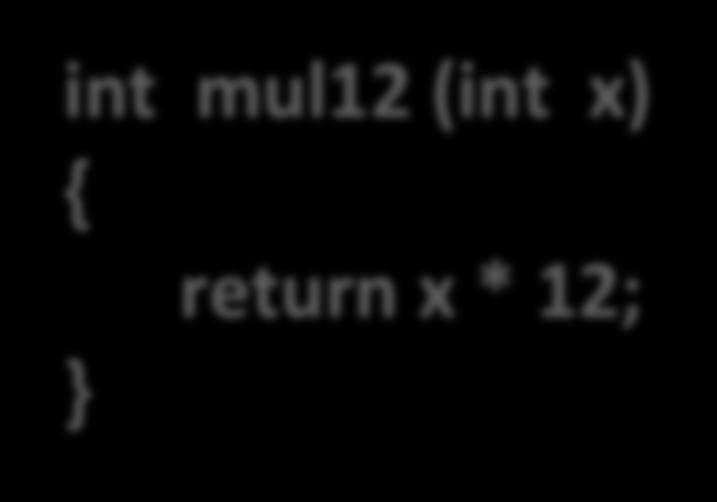 Multiplication (5) Compiled multiplication code C compiler automatically generates shift/add code when multiplying by constant C Function int mul12 (int x) { return x * 12; } Compiled