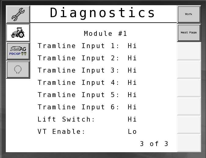DIAGNOSTICS SCREEN 3 The third Diagnostics screen indicates system output values for connected components.