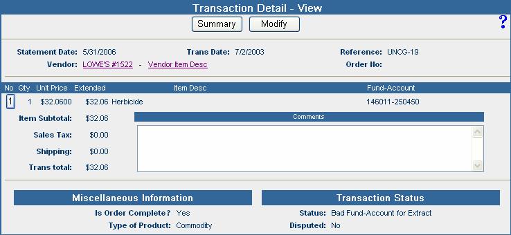 To correct the Fund-Org-Prog on a Transaction click on that transaction s Trans Amt link. 4. Click the Summary button to return to the list of offending transactions. 5.