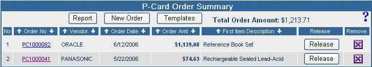 Order Requestor Order Log Summary The P-Card Order Summary window displays a list of all unreleased orders for the requestor. To open the P-Card Order Summary: Order Summary Report 1.