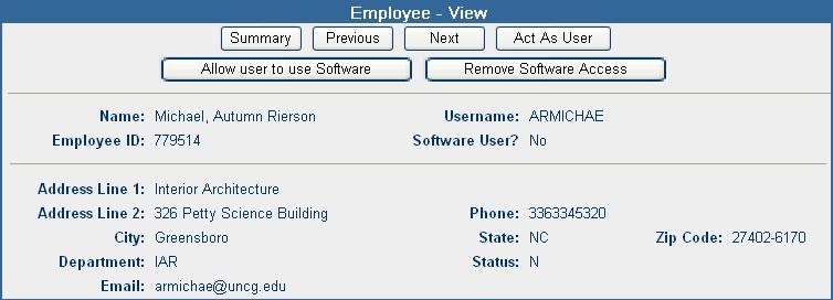 Click the Allow user to use Software button to allow the employee to access the software. Click the Remove Software Access button to revoke the employee s software access.