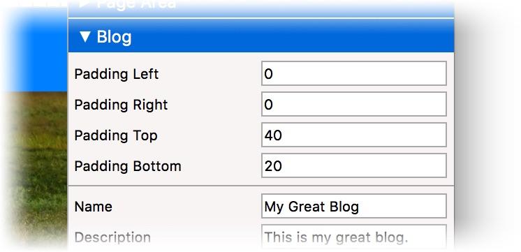 Choose Main as the Area Template In the properties of the Blog area. Change Padding Top to 40 and Padding Bottom to 20. So the blog entries have some space.