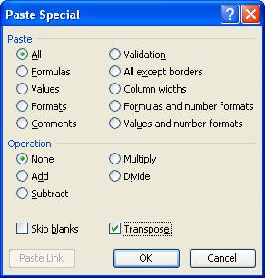 Step 8.6 Click Paste Special. A dialog box appears. Step 8.7 Make these choices: Paste: All Operation: None Check Transpose Step 8.8 Step 8.9 Click OK.
