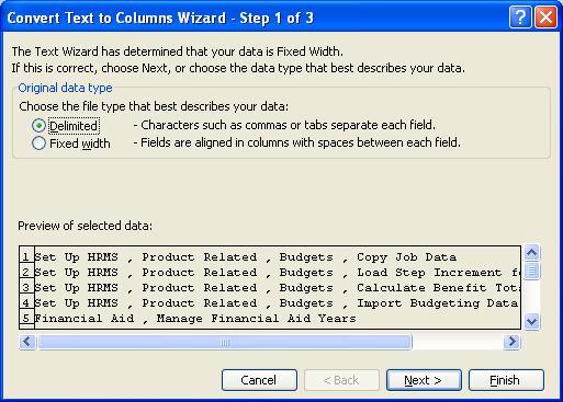 The Convert Text to Columns Wizard dialog box appears.