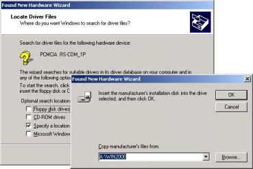 SOFTWARE INSTALLATION FOR WINDOWS 2000 1. Insert the Serial PC Card into the PCMCIA socket, the Found New Hardware Wizard dialog box appears. Click Next. 2. Check Search for a suitable driver for my device, and click Next.