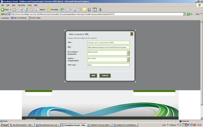 Once the type of resource has been selected, fill in the fields on the next screen. For example a URL (website link) could be added by inserting the title of the resource followed by the URL.