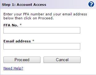 If you have forgotten your FFA number and choose Need FFA Number, the below screen will appear. The screen displays three mandatory boxes: First Name, Last Name and Birth Date.