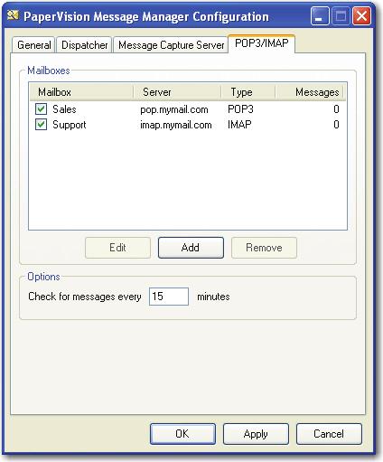 Chapter 3 Configuration 5. If you are retrieving messages from mail servers that use the POP3 or IMAP protocols, click the POP3/IMAP tab to modify your mail server settings.