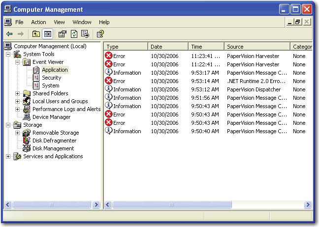 Chapter 4 Monitoring PaperVision Message Manager 2. Expand Event Viewer in the navigation pane, and then select Application.