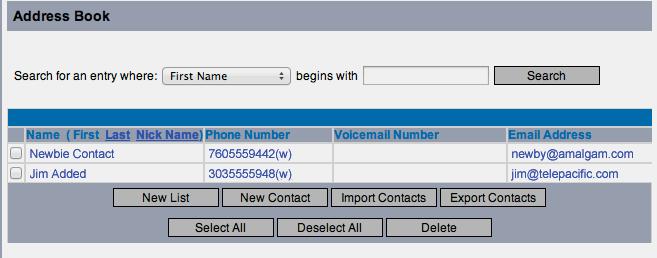 7. Click to view the address book with the newly imported contacts. To locate contacts, enter search criteria here. Click a link to sort the Name column display.