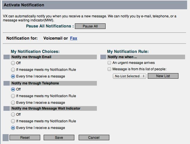 Setting Notification Options You can select the type of notifi cations to send, enable and disable notifi cations at any time, and pause and resume notifi cations when you receive voice or fax