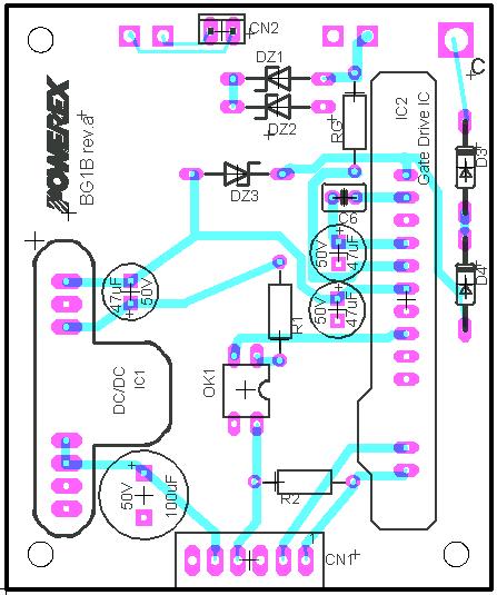 Printed Circuit Layout: Figure 5 shows the layout of the BG1B two channel gate driver board. The compact 2.6 x 2.