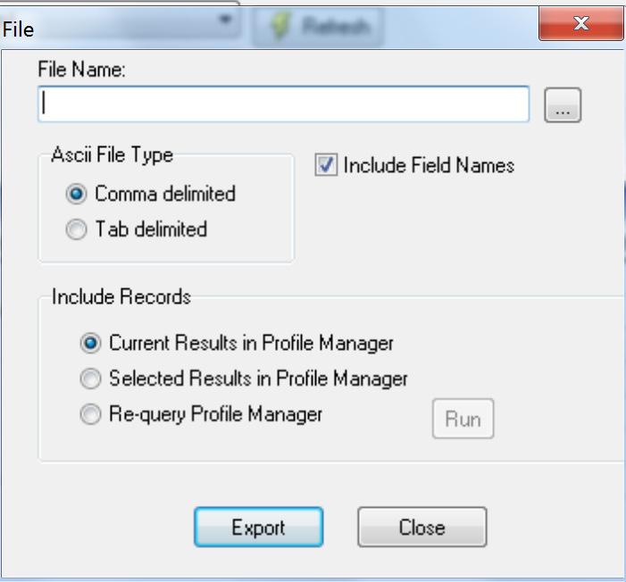 11. Leave the file type as Comma Delimited. 12. Under Include Records, make sure Current Results in Profile Manager is selected.