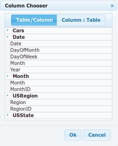 Table Band Figure 3.3. Column Chooser for the Table Band 2. Select one or more columns from the window. Click OK. 3. Expand the corresponding band on the right pane to view the output.