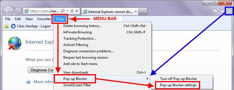 Internet Explorer Version 8 ALLOW POP-UP BLOCKERS 1. Select Internet Options from the Tools menu. Depending on your toolbar settings, some users will have the menu bar displayed, others will not.