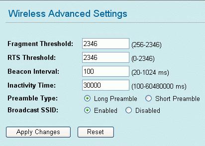 Advanced Settings: Click Setup to display the Wireless Advanced Settings screen and options.