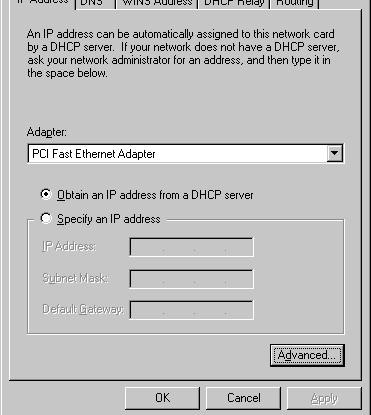 3. On the IP Address tab, select the network card for your LAN from the Adapter drop-down menu. 4.