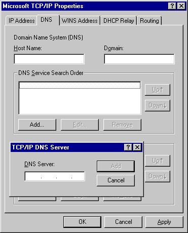 7. On the DNS tab, click Add in the DNS Service Search Order panel to display the DNS Server field and enter the DNS