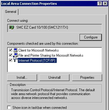 TCP/IP Settings for Windows 2000 1. Go to the Control Panel Network Dial-Up Connection, then right-click the Local Area Connection icon and select Properties. 2. On the General tab, select the TCP/IP protocol and click Properties.