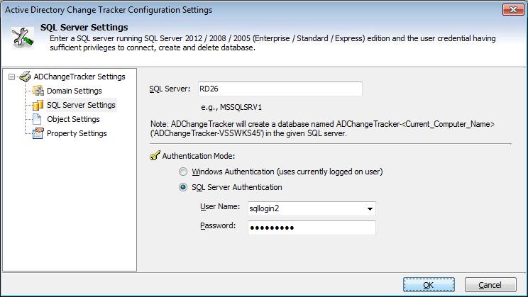 CHAPTER 4 ADChange Tracker Settings 4.3 Configure SQL Server ADChangeTracker uses SQL Server database for its internal data storage, including storage of Change History.