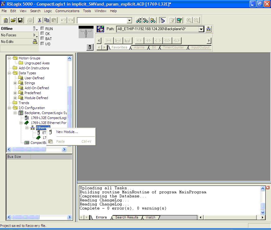 To map the drive to an Ethernet IP scanner in RSLogix 5000 for implicit messaging: Click the [I/O Configuration] folder in the left-hand navigation window Click the appropriate Ethernet Port folder,