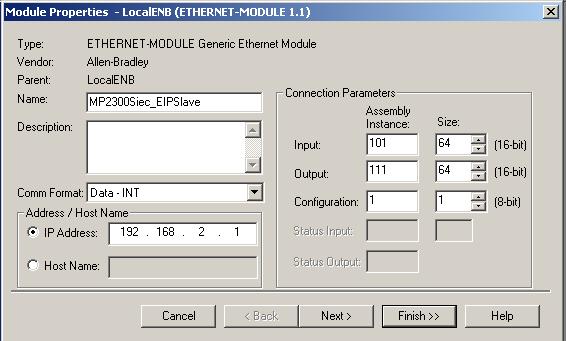 The following dialog should be displayed to configure the MPiec EIP Adapter: Figure 7: Ethernet Module (adapter) properties Notes about the Generic Ethernet Device Properties: 1.
