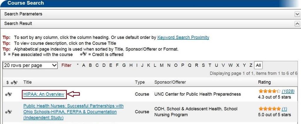 Use the navigation options listed on the top or bottom portion of the page to help locate your course. Image 4.16 Section 4.2.