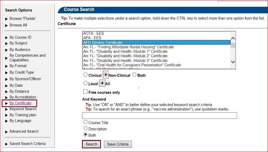 Optional; enter a keyword using the following tips: Use "OR" or "AND" to better define your selected keyword search criteria. To search for an exact phrase (e.g., "In-Service"), use quotation marks.
