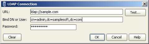 Figure 12: LDAP Connection Dialog There the following connection attributes can be specified: 1. URL an URL to a directory server that supports LDAP protocol. The URL must have ldap scheme e.g. ldap://sample.