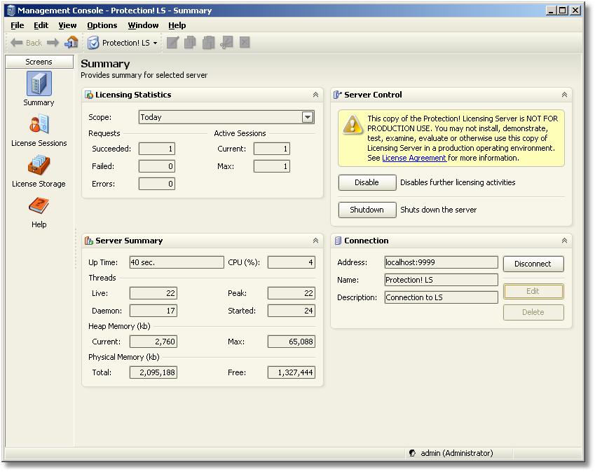 The Management Console is a GUI application intended for remote monitoring and management the Licensing Server(s).