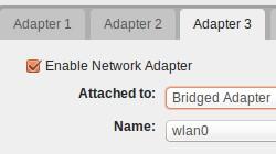 55 Figure 112: Setting Adapter 3 Select a Network and click the Adapters 3. check the Network Adapter and then select the Enable Attached to being Bridged Adapter Name and select wlan0.