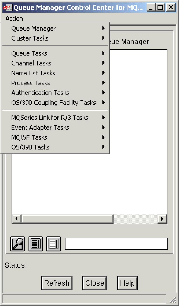 The Queue Manager Control Center window contains a list of all queue managers in the management domain.