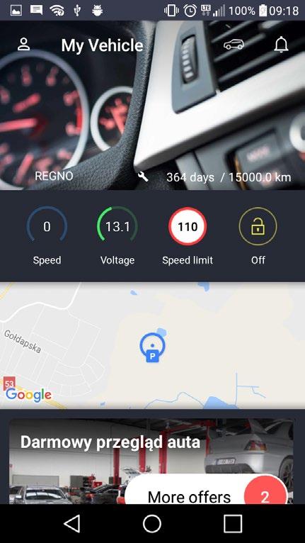 3. Main screen 3.1. Vehicle card The vehicle card displays the name, picture, current speed and the battery voltage of the car.