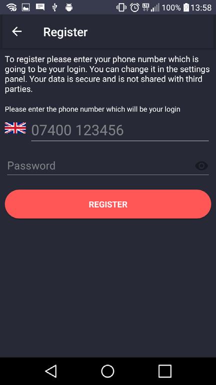 APP MANUAL 1.2. Setting up a login and password The next step is entering your phone number and password.