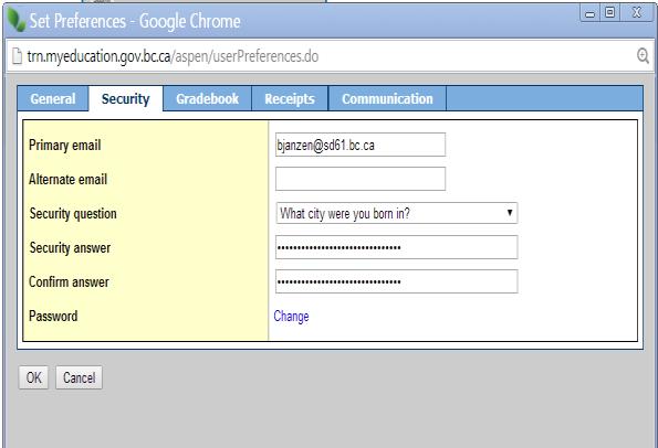 Click on the Security Tab to add an alternate email address, reset security question or password Select
