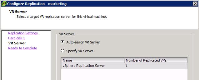Protecting a VM with vsphere Replication Auto-assign or specify VR
