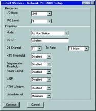 Configuring the Network PC Card for Windows NT The Resources and Properties screen allows you to make modifications to your Network PC Card, optimizing performance.